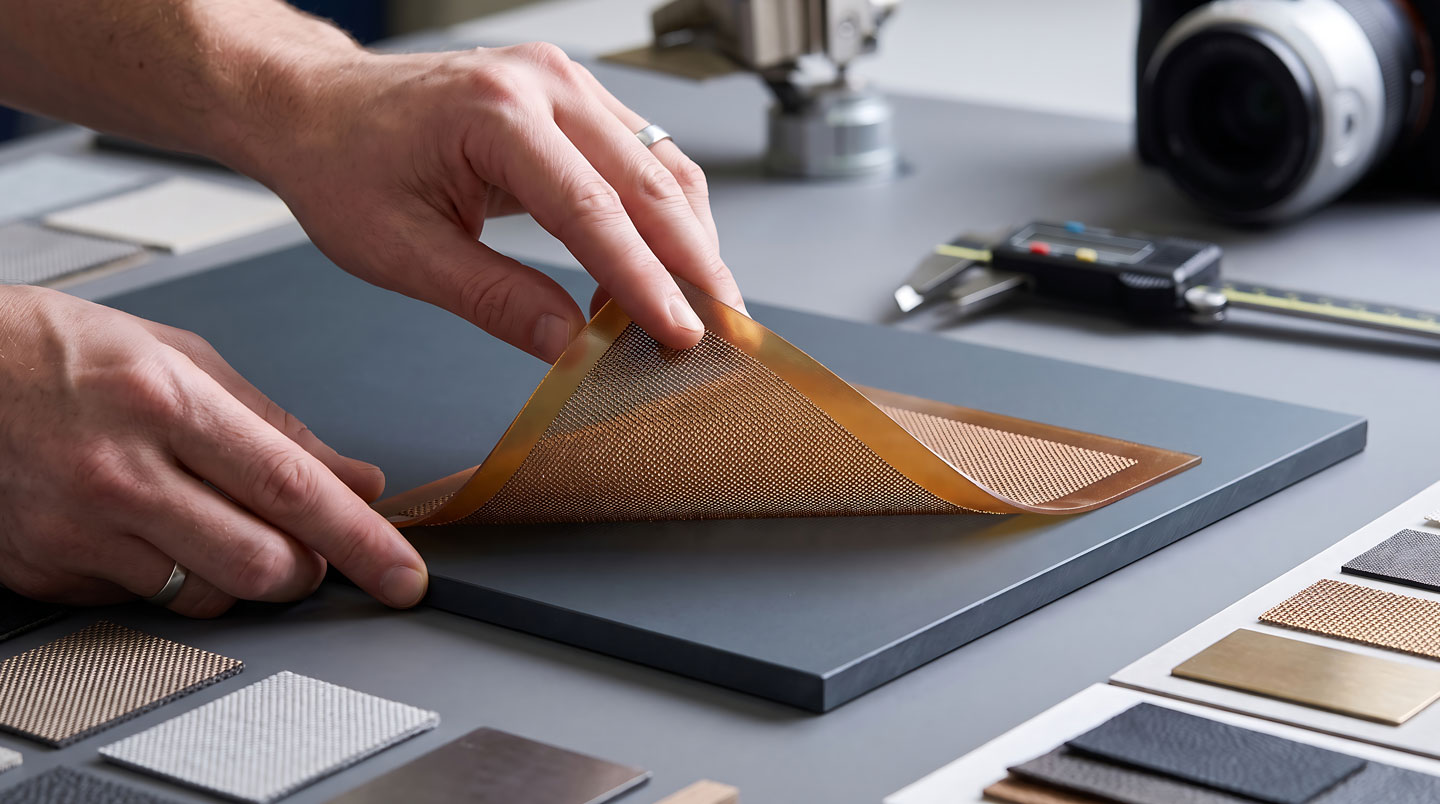 Technicien qualité en blouse blanche examinant des échantillons de pièces métalliques peintes à l'aide d'une jauge d'épaisseur dans un laboratoire industriel d'essais en France