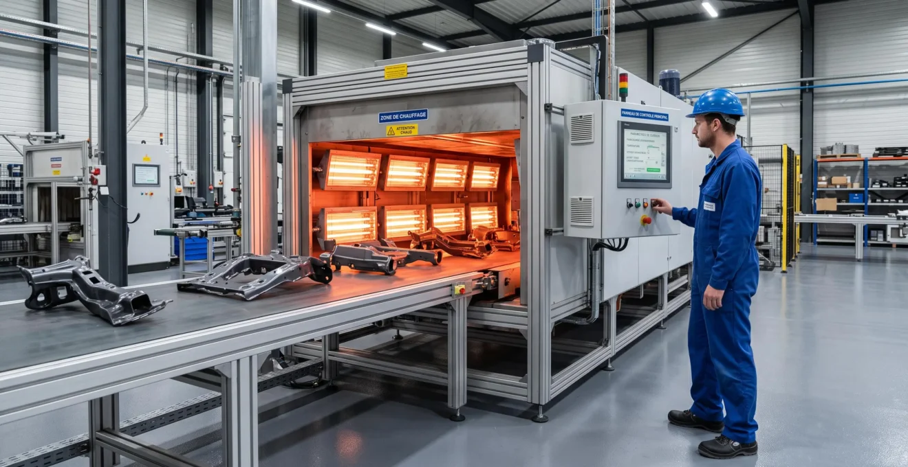 Installation industrielle d'un four de polymérisation infrarouge intégré dans une ligne de peinture automatisée, avec émetteurs orange-red visibles en fonctionnement et technicien contrôlant le tableau de commande dans un site de production français contemporain