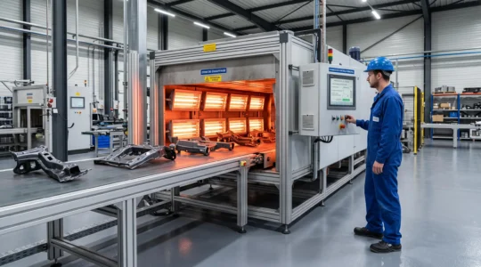 Installation industrielle d'un four de polymérisation infrarouge intégré dans une ligne de peinture automatisée, avec émetteurs orange-red visibles en fonctionnement et technicien contrôlant le tableau de commande dans un site de production français contemporain