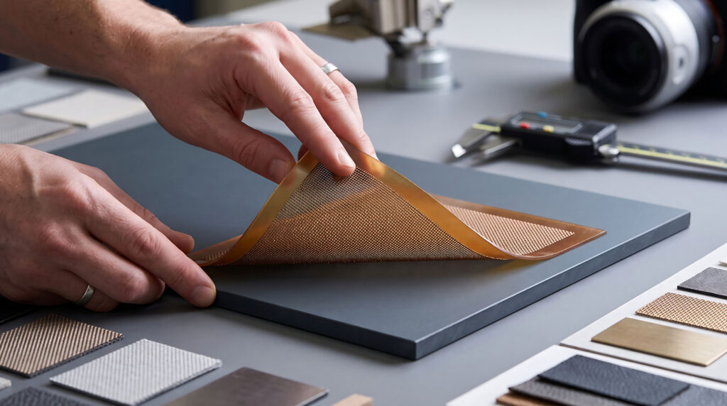 Technicien qualité en blouse blanche examinant des échantillons de pièces métalliques peintes à l'aide d'une jauge d'épaisseur dans un laboratoire industriel d'essais en France Technicien qualité en blouse blanche examinant des échantillons de pièces métalliques peintes à l'aide d'une jauge d'épaisseur dans un laboratoire industriel d'essais en France