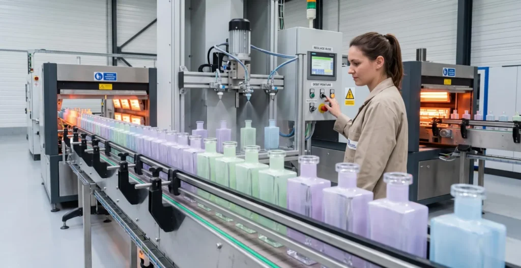 Ligne de production de flacons en verre pour parfumerie en défilement continu avec station d'application peinture automatisée et opératrice contrôlant les paramètres, flacons de géométrie hétérogène (col épais, corps fin) visibles Ligne de production de flacons en verre pour parfumerie en défilement continu avec station d'application peinture automatisée et opératrice contrôlant les paramètres, flacons de géométrie hétérogène (col épais, corps fin) visibles