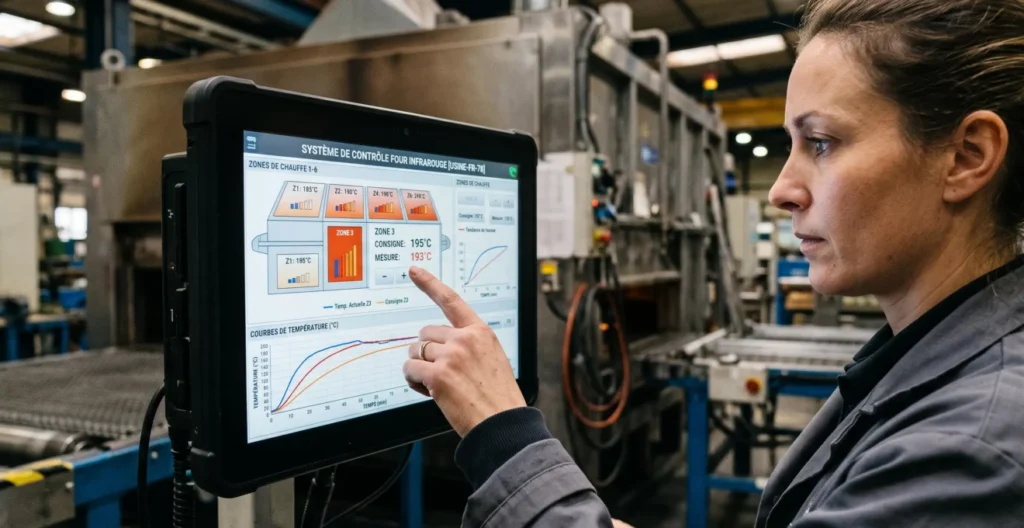 Opératrice industrielle ajustant les paramètres d'un écran tactile de pilotage multi-zones d'un four infrarouge, interface affichant températures par zone et courbes de montée thermique en degrés Celsius Opératrice industrielle ajustant les paramètres d'un écran tactile de pilotage multi-zones d'un four infrarouge, interface affichant températures par zone et courbes de montée thermique en degrés Celsius